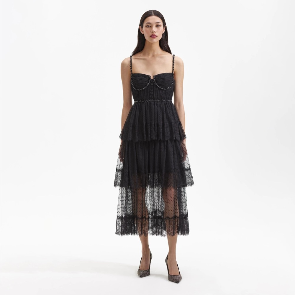 Self-Portrait Black Tiered Lace Midi Dress Size XS Like New